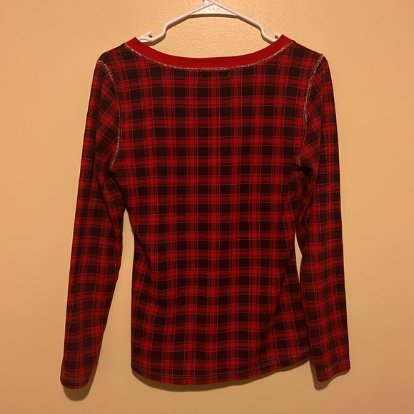 M Red/Black Blouse Silver Thread around Hems Round Neck Long Sleeves - Picture 12 of 12